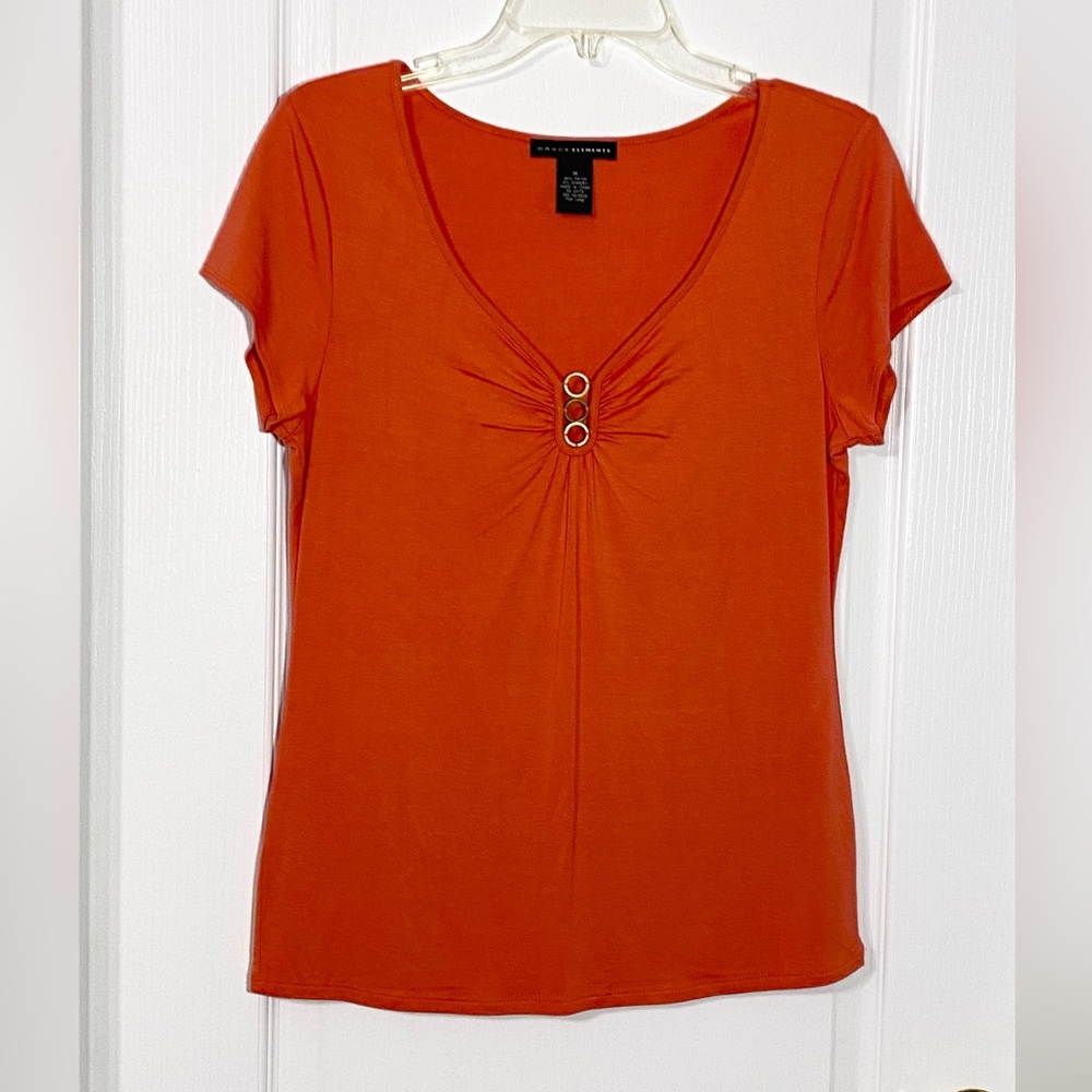 Y2K Grace Elements Gold Ring Accented Ruched Neck Short Sleeve Knit Top Orange M